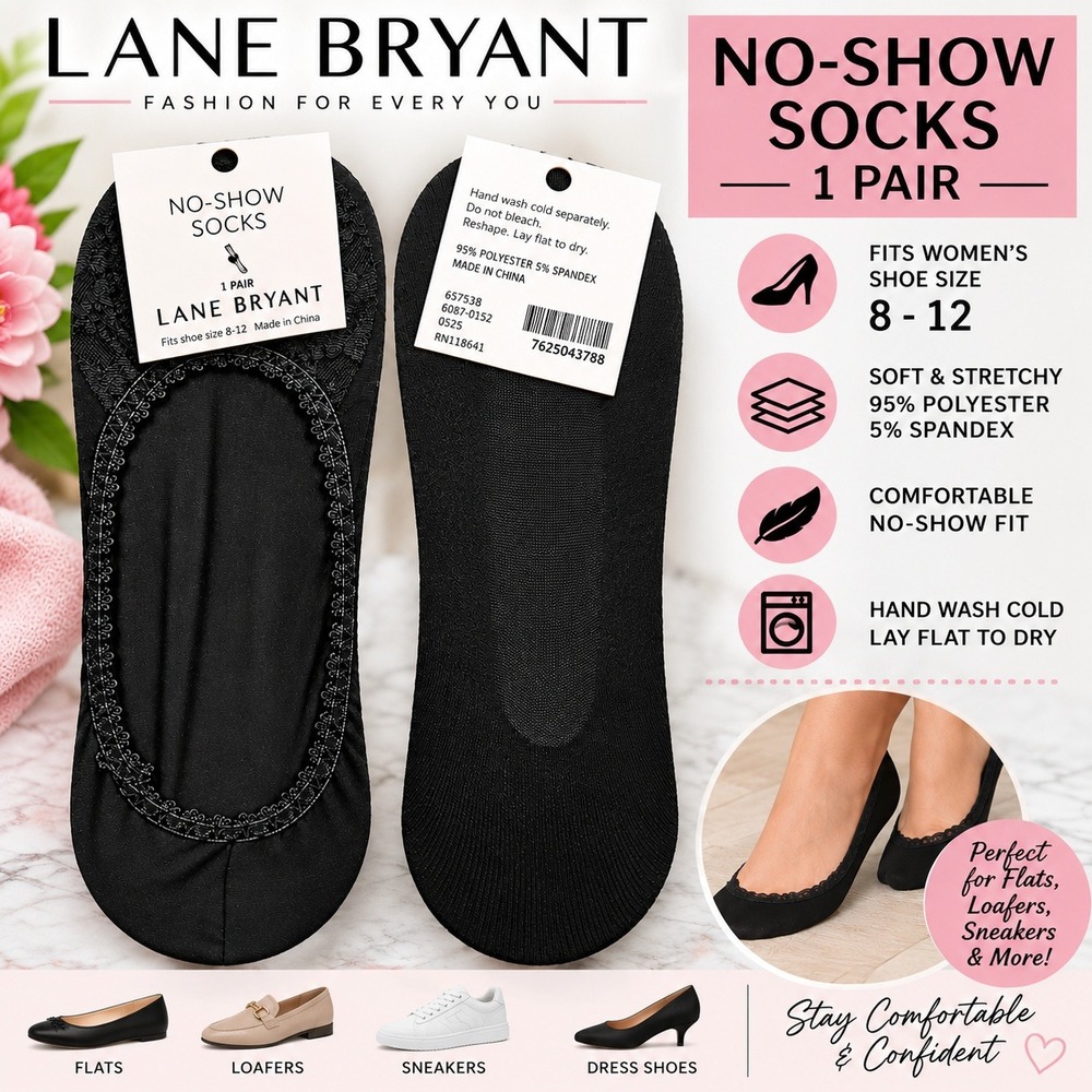 Lane Bryant Womens Black Lace Trim No-Show Socks 2 Pairs Shoe Size 8-12 656738